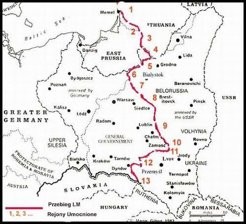Линия Молотова на немецкой карте, вдоль которой строились укрепрайоны РККА